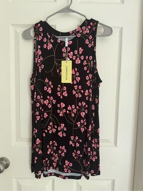 LONGYUAN Black Floral Tank Top with Pink Blossom Print